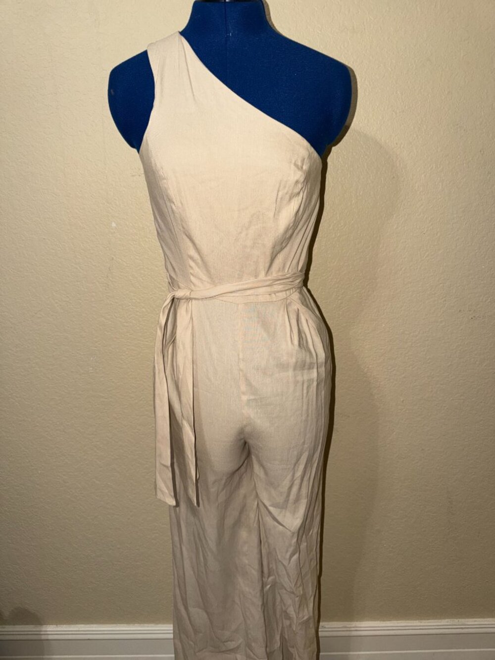 Antonio Melani Beige One Shoulder Linen Wide Leg Jumpsuit - Size 0